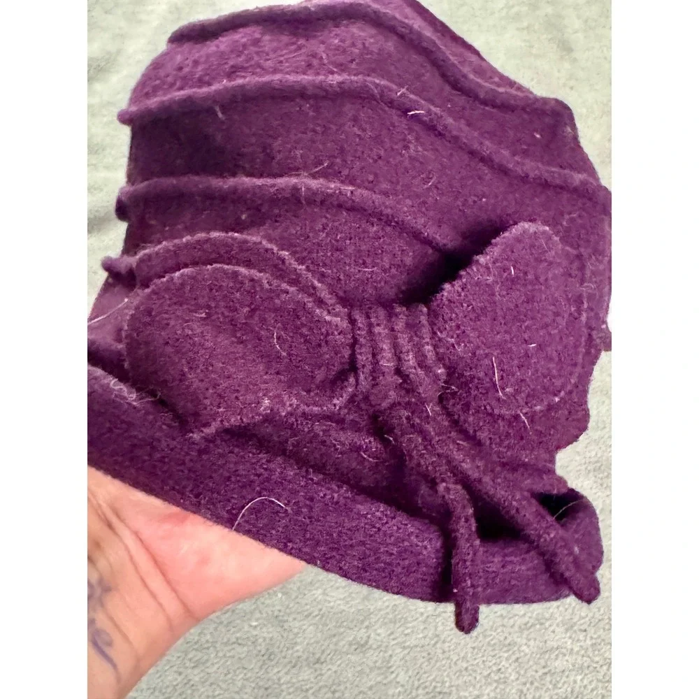 Vintage Style Purple Wool Blend Cloche Hat with Bow Spiral Tiered Bucket Hat